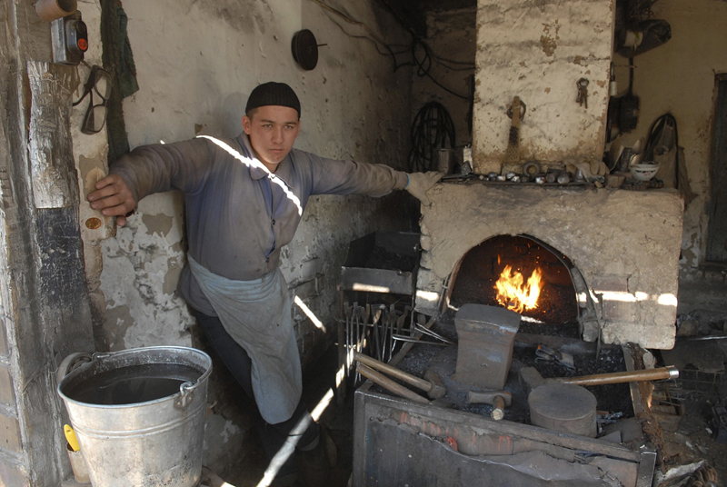 Alibastorov Street, one of the oldest streets in Osh, local craftsmen of varying trades ,from leather to handmade knives and other metal works , set up workshops