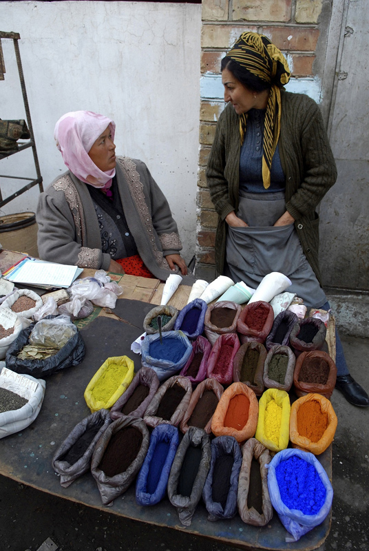 Colorful natural dyes at a market in Osh, Kyrgyzstan